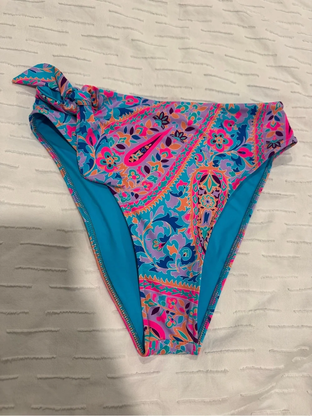 Frankie's Bikinis Turquoise, Pink & Orange Paisley High-Waist Bikini Bottom